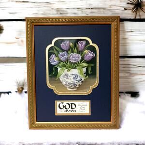 Christian Scripture Framed Picture Purple Floral Tulips Ps 44:21 Inspirational